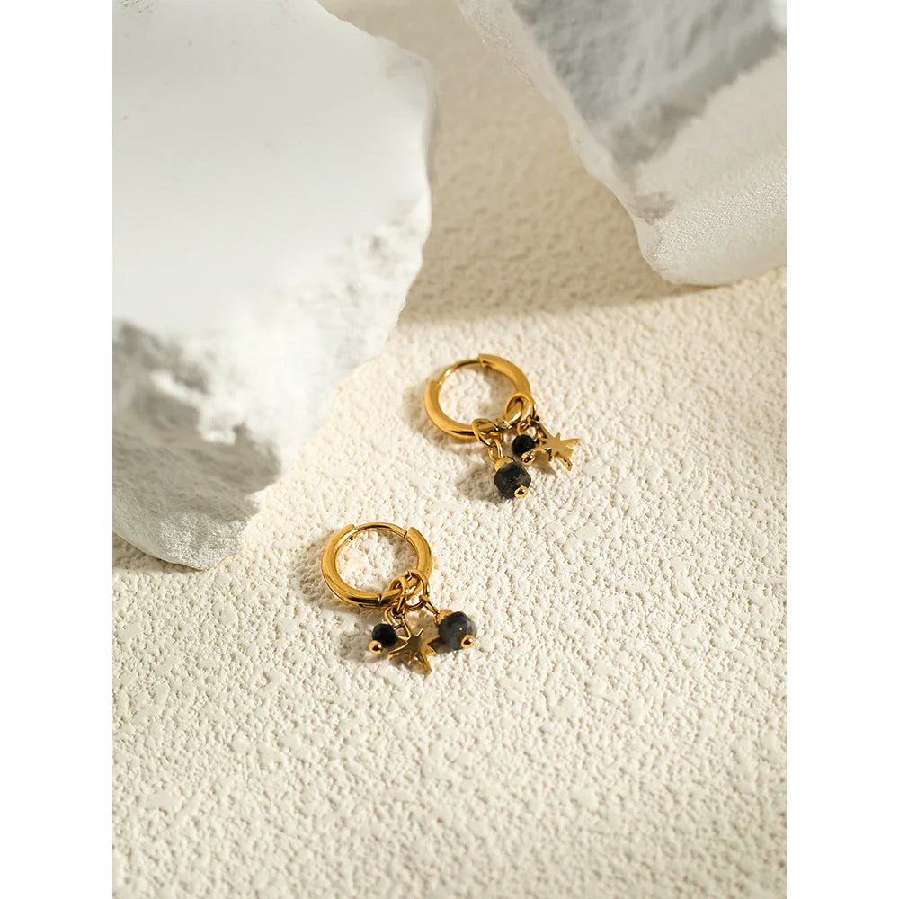 YACHAN 18K Gold Plated Stainless Steel Hoop Earrings for Women Natural Stone Pink Cute Charms Waterproof Jewelry