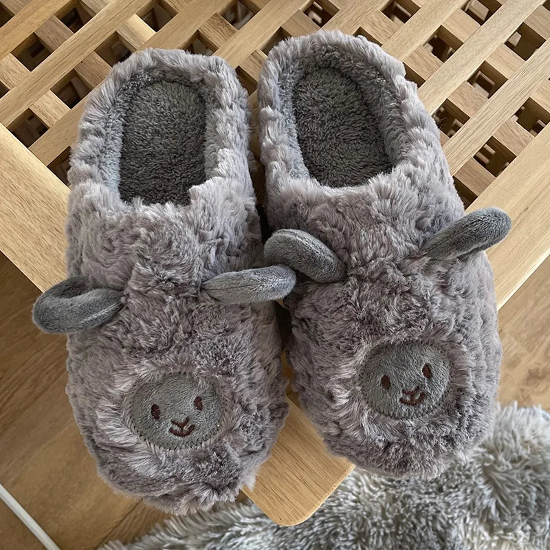 Women Home Fluffy Slippers Platform Anti Slip Comfortable Warm Shoes Cute Sheep Outdoor Couple Slippers Women Men Ladies Shoes