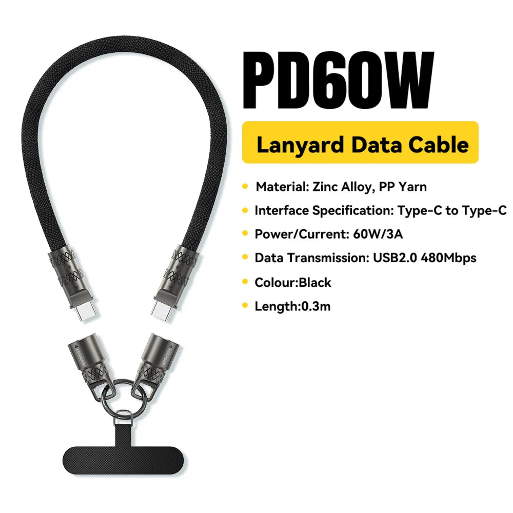 Essager 60W Type C To Type C Fast Charging Cable  For iPhone 16 Xiaomi Huawei  Lanyard  Halter Neck Wrist Multifunctional Cable