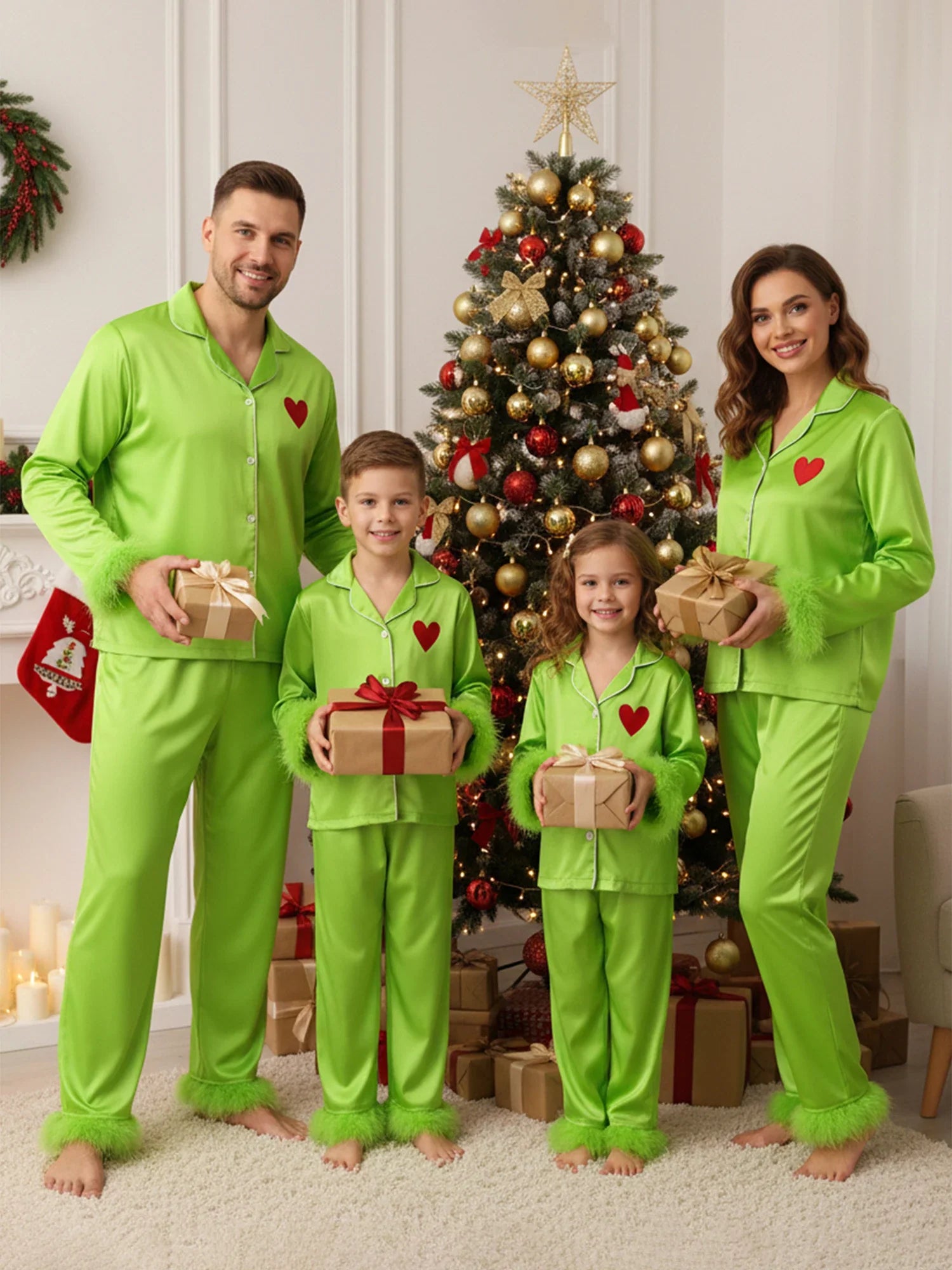 Family Green Satin Silk Christmas Pajamas Button down Shirt Sleepwear Jammies Set