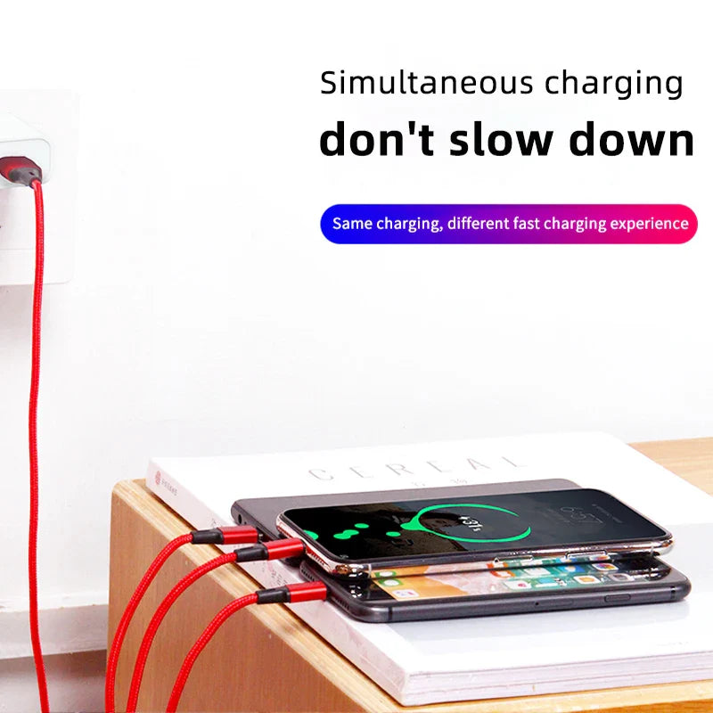 3 In 1 USB Charger Fast Charging Cable Type C Micro IOS Multi Charger Cable for iPhone Huawei Samsung Nylon Braided Cord