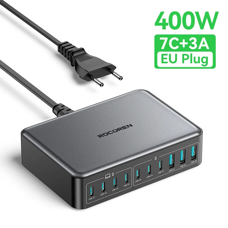 Rocoren 400W USB Type C Gan Charger Portable 10 in 1 Desktop Power Station Type-C Fast Charger For iPhone 16 Pro Max MacBook Air