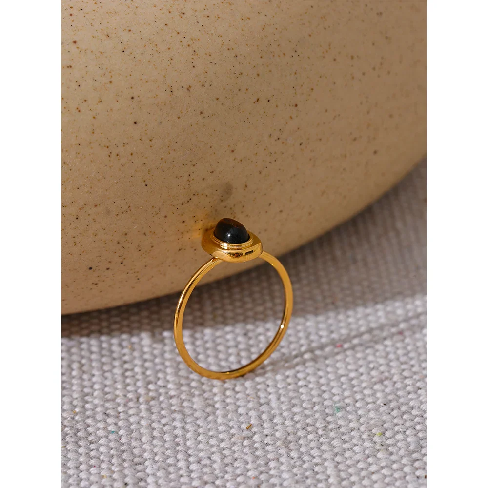 Yhpup Fashion Natural Stone Stainless Steel Oval Thin Chic Ring Women 18K PVD Plated Waterproof Jewelry Accessories 2024 Gift