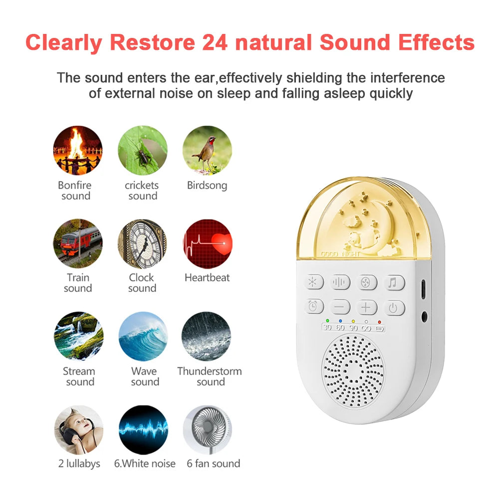 Portable White Noise Baby Sleep Machine 24 Soothing Sounds Soft Breath Light 30/60/90 Timing For Baby Adult Office Travel