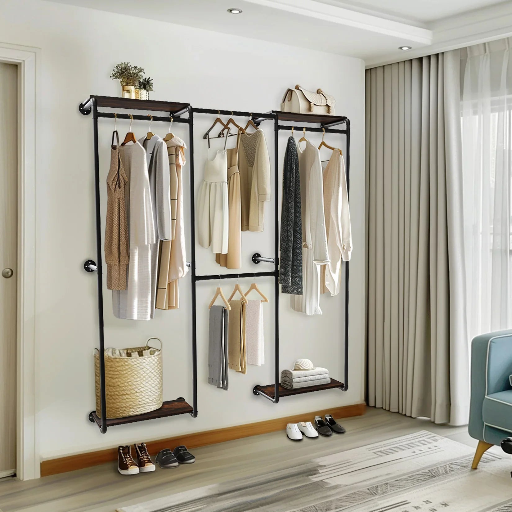 Industrial Pipe Clothes Rack, Wall-Mounted Metal Clothes Stand, Walk-in Wardrobe, with Shelves