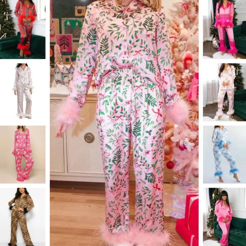 Women's Christmas Tree Plaid Satin Print Pajama Set Autumn Winter Home Sleepwear Long Sleeve Ankle-Length Pants Mid-Waist
