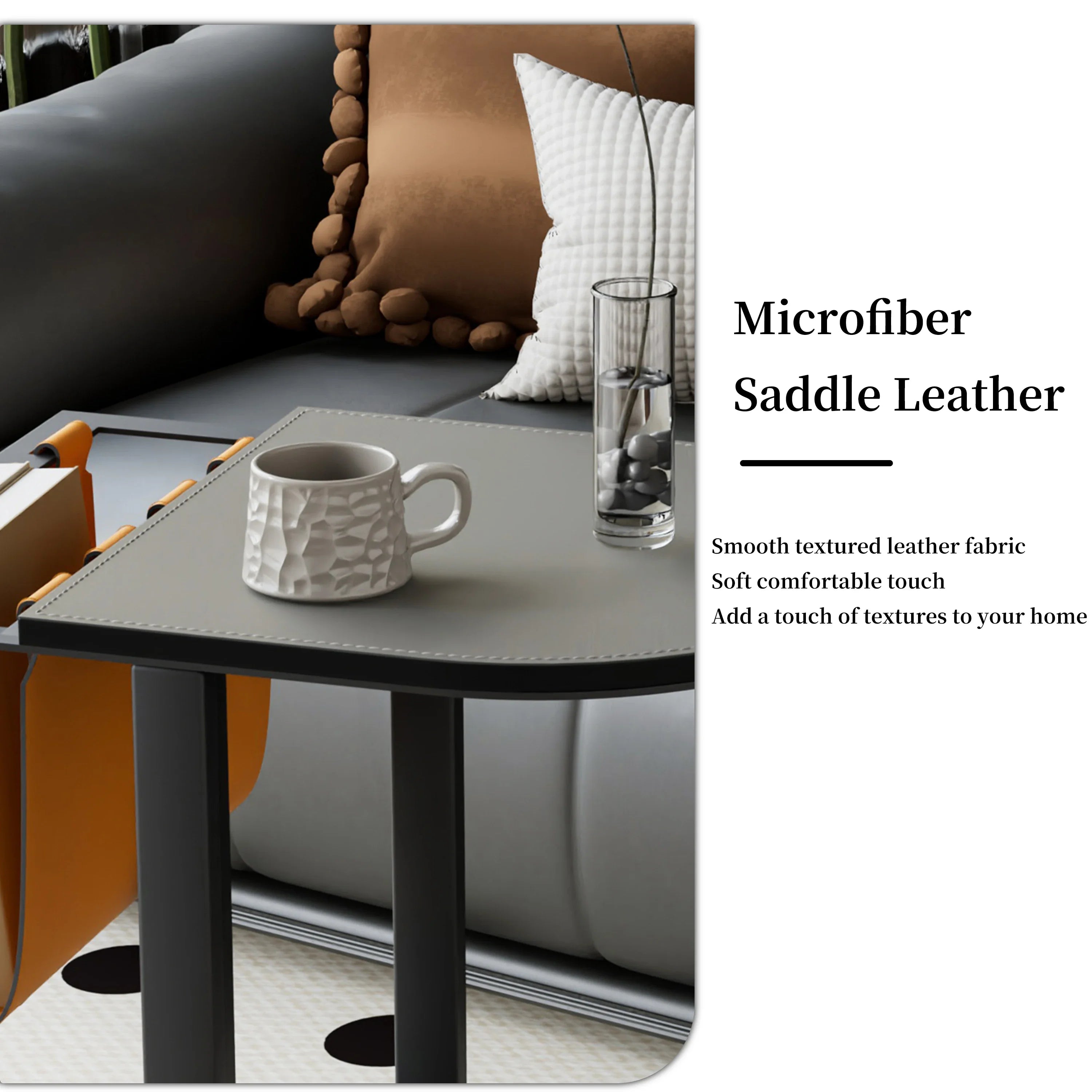 Light-Luxury Narrow Sofa Side Table, Saddle Leather Top, Bedside End Table, Magazine Rack for Living Room and Bedroom