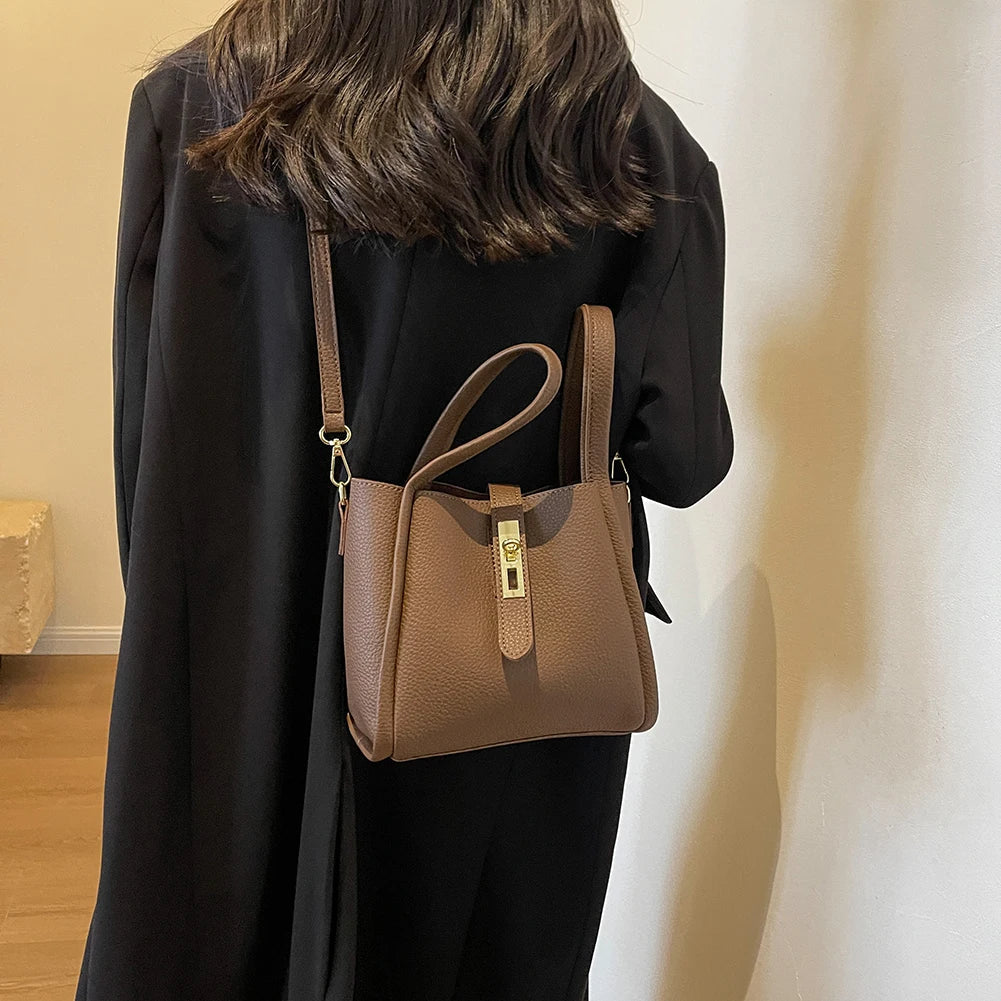 Luxury PU Leather Bucket Bag for Women Large Capacity Handbag with Inner Bag Double Handle Magnetic Closure Shoulder Bag Satchel