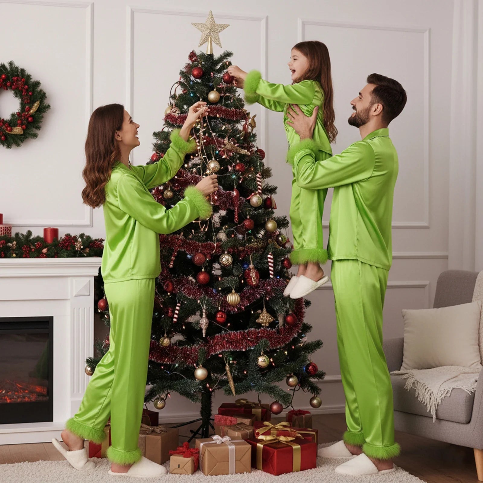 Family Green Satin Silk Christmas Pajamas Button down Shirt Sleepwear Jammies Set