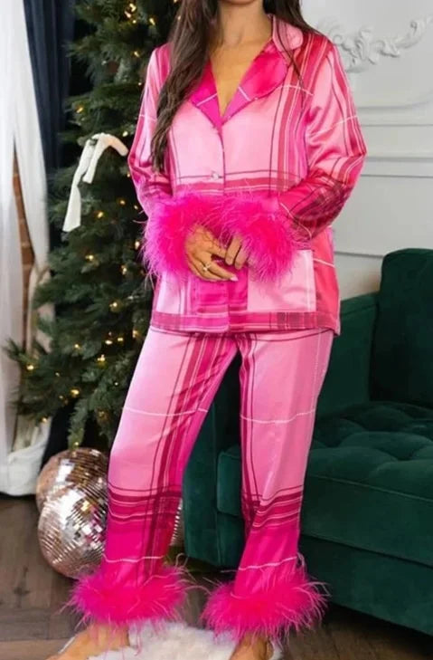 Women's Christmas Tree Plaid Satin Print Pajama Set