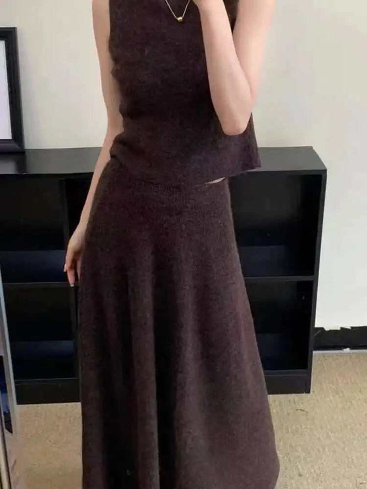 Elegant Knitted 3 Piece Set Women Long Cardigan Coat Sleeveless Vest High Waist A-line Long Skirt