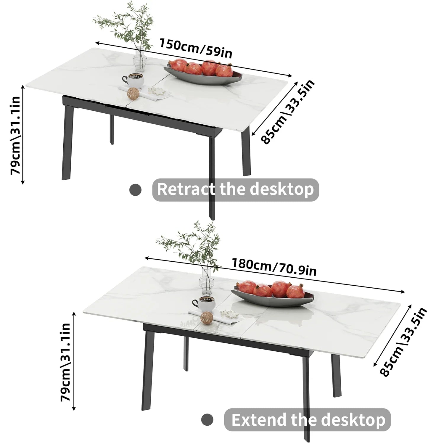 Extensible Dining Table Marble Top and Metal Frame Home Rectangular Kitchen Modern Furniture No Chairs