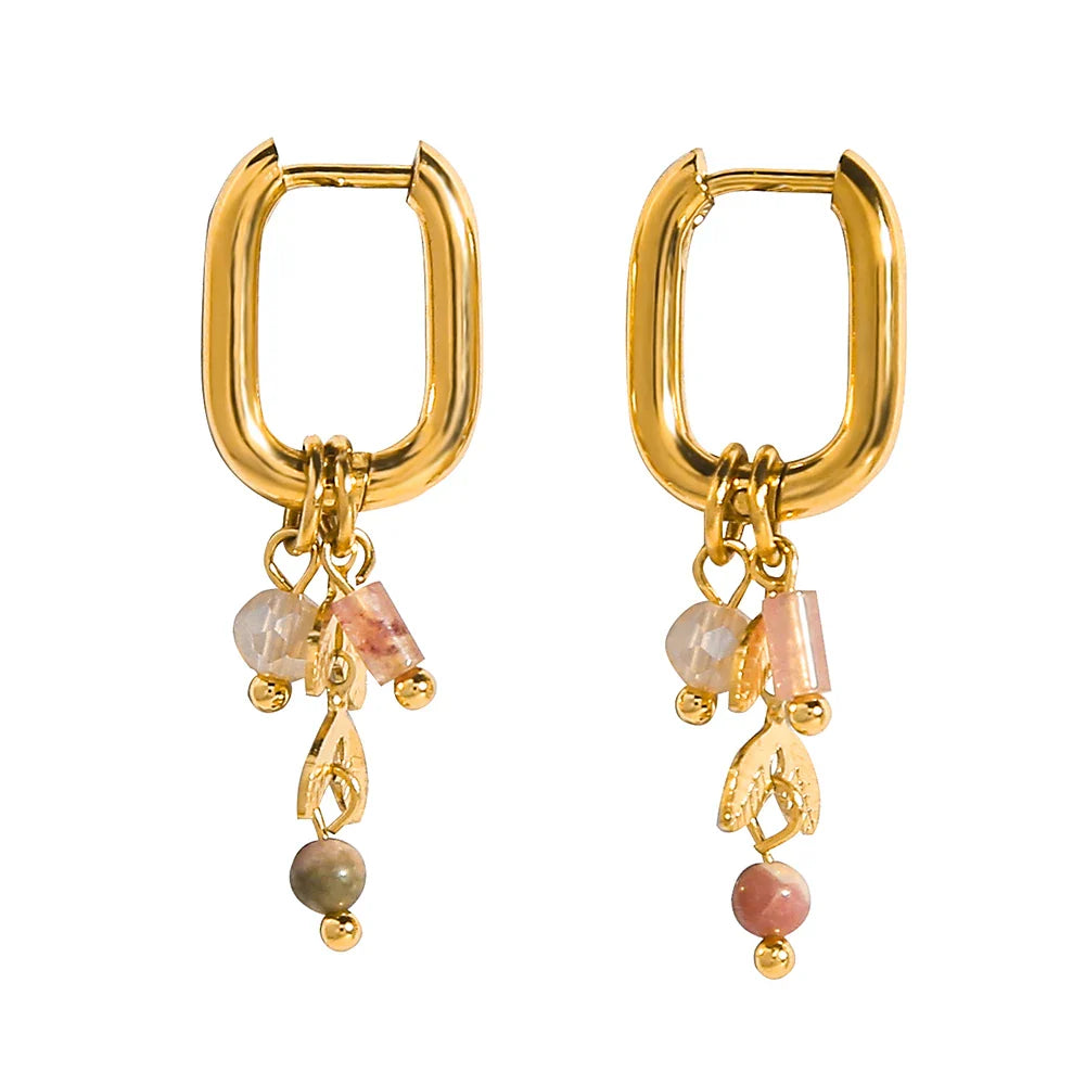 YACHAN 18K Gold Plated Stainless Steel Hoop Earrings for Women Natural Stone Pink Cute Charms Waterproof Jewelry