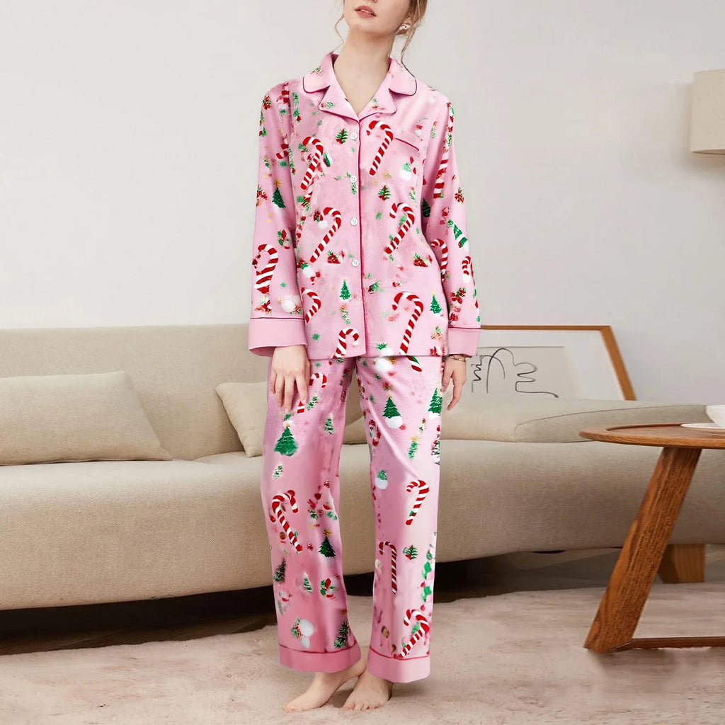 Women's Satin Pajama Set Santa Claus Print Long Sleeve Button up Shirt And Pants for Christmas Loungewear