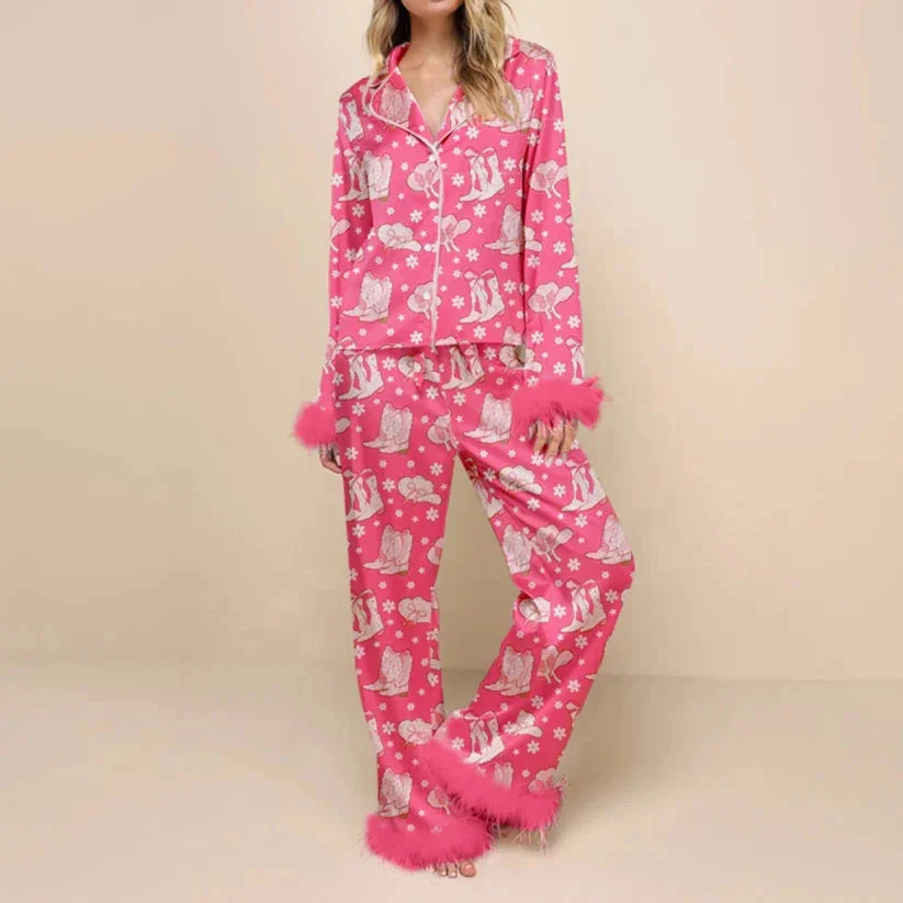 Women's Christmas Tree Plaid Satin Print Pajama Set Autumn Winter Home Sleepwear Long Sleeve Ankle-Length Pants Mid-Waist