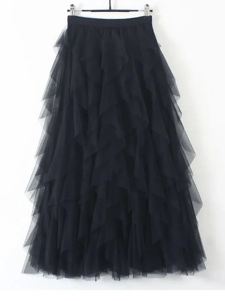 Tutu Tulle Long Maxi Skirt Women Fashion 2023 Korean Cute Pink High Waist Pleated Skirt Mesh Female Lady Aesthetic Faldas