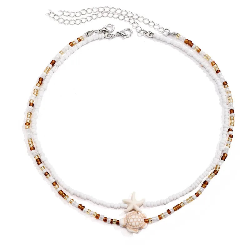 Tidepool Starfish Necklace - Surf & Beach Boho Jewelry Starfish Turtle Beaded Choker Necklaces, Adjustable Necklaces, Ocean Gift