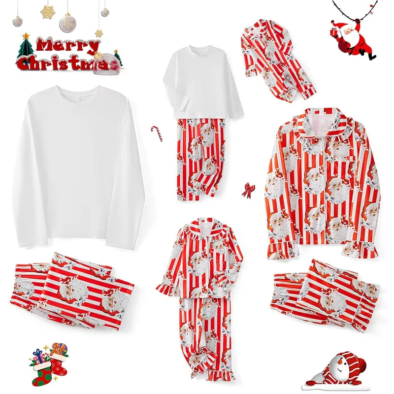 Family 2 Piece Satin Christmas Pyjamas Set Santa Print Long Sleeve Button down Sleepwear Matching Holiday Jumpsuit