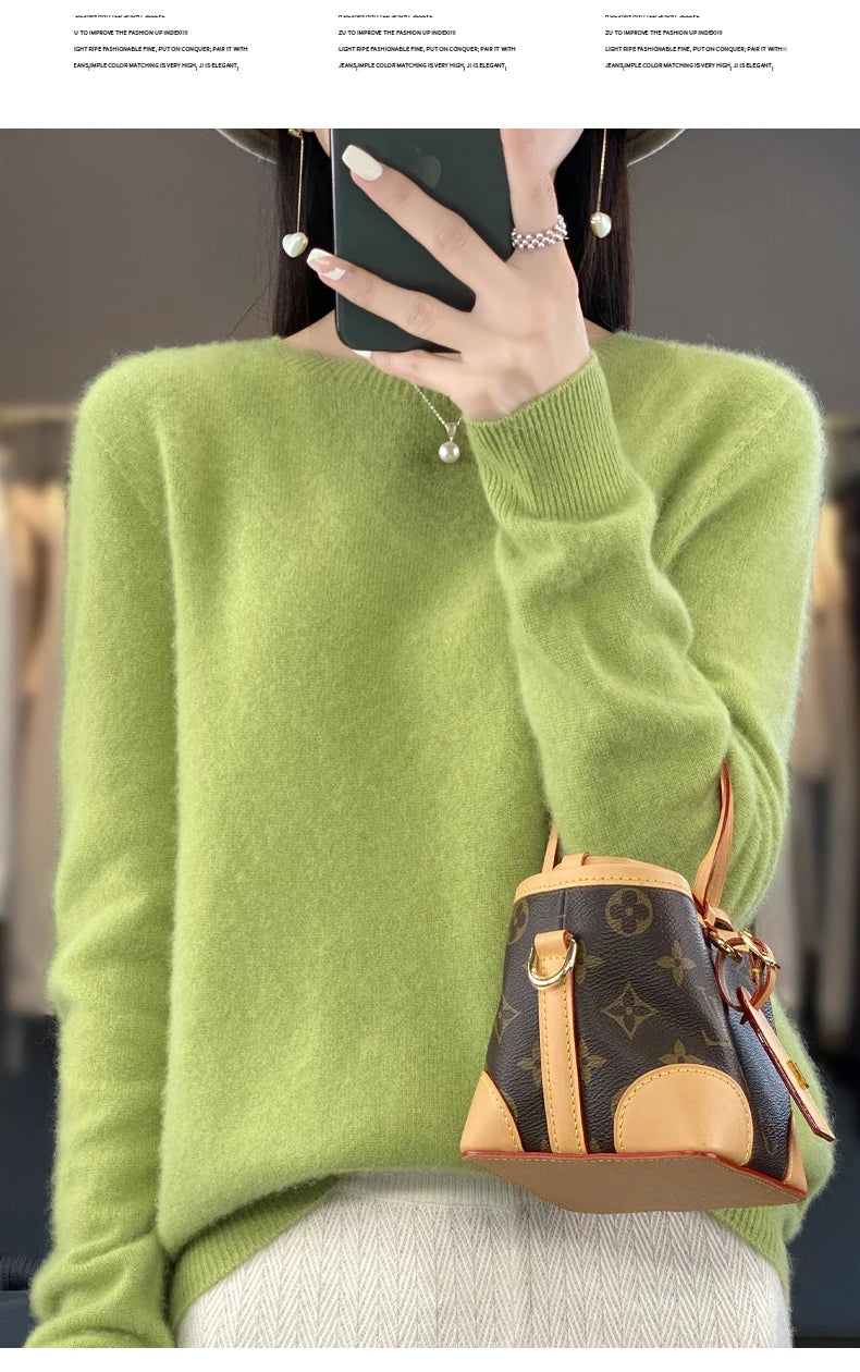 100% Merino Wool Women’s Sweater – Soft Cashmere-Feel O-Neck Pullover, Autumn/Winter Warm Knit Top (14 Colours)