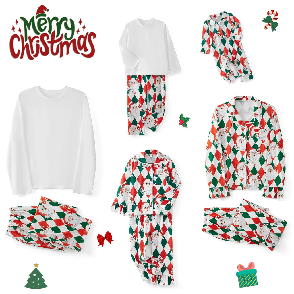 Family 2 Piece Satin Christmas Pyjamas Set Santa Print Long Sleeve Button down Sleepwear Matching Holiday Jumpsuit