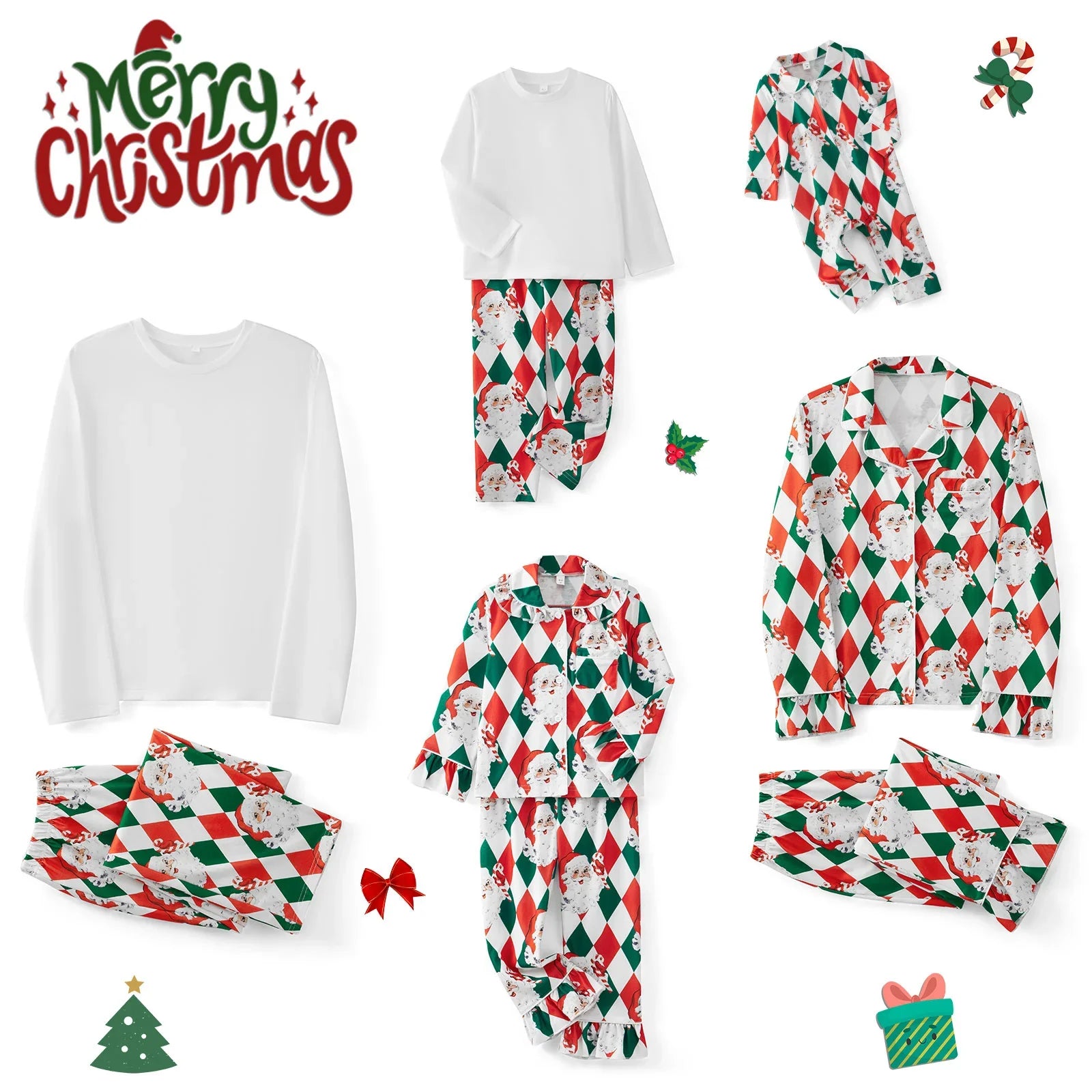 Family 2 Piece Satin Christmas Pyjamas Set Santa Print Long Sleeve Button down Sleepwear Matching Holiday Jumpsuit