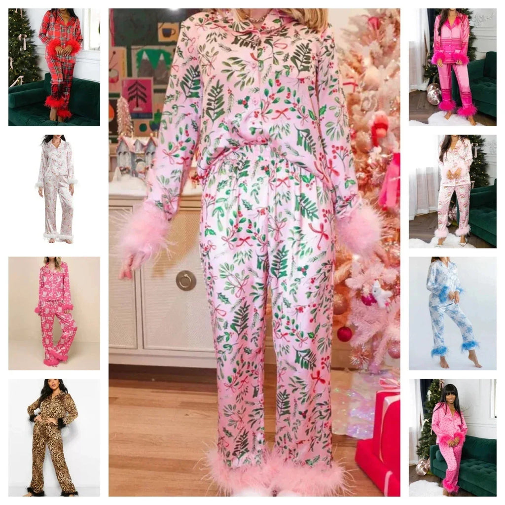 Women's Christmas Tree Plaid Satin Print Pajama Set Autumn Winter Home Sleepwear Long Sleeve Ankle-Length Pants Mid-Waist