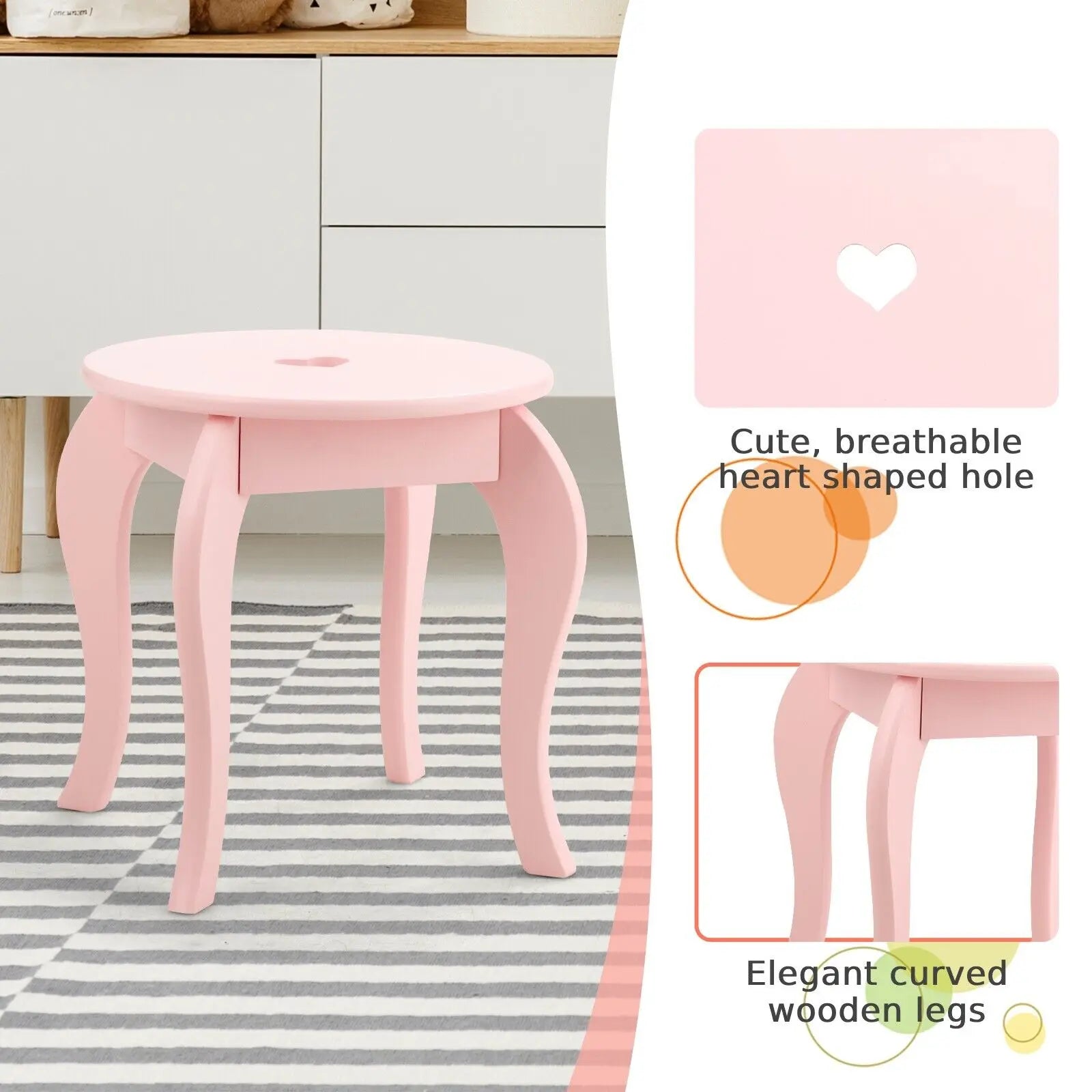 GOFLAME Kids Vanity Set, Princess Pretend Beauty Makeup Table & Stool Set w/ Mirror & Drawer