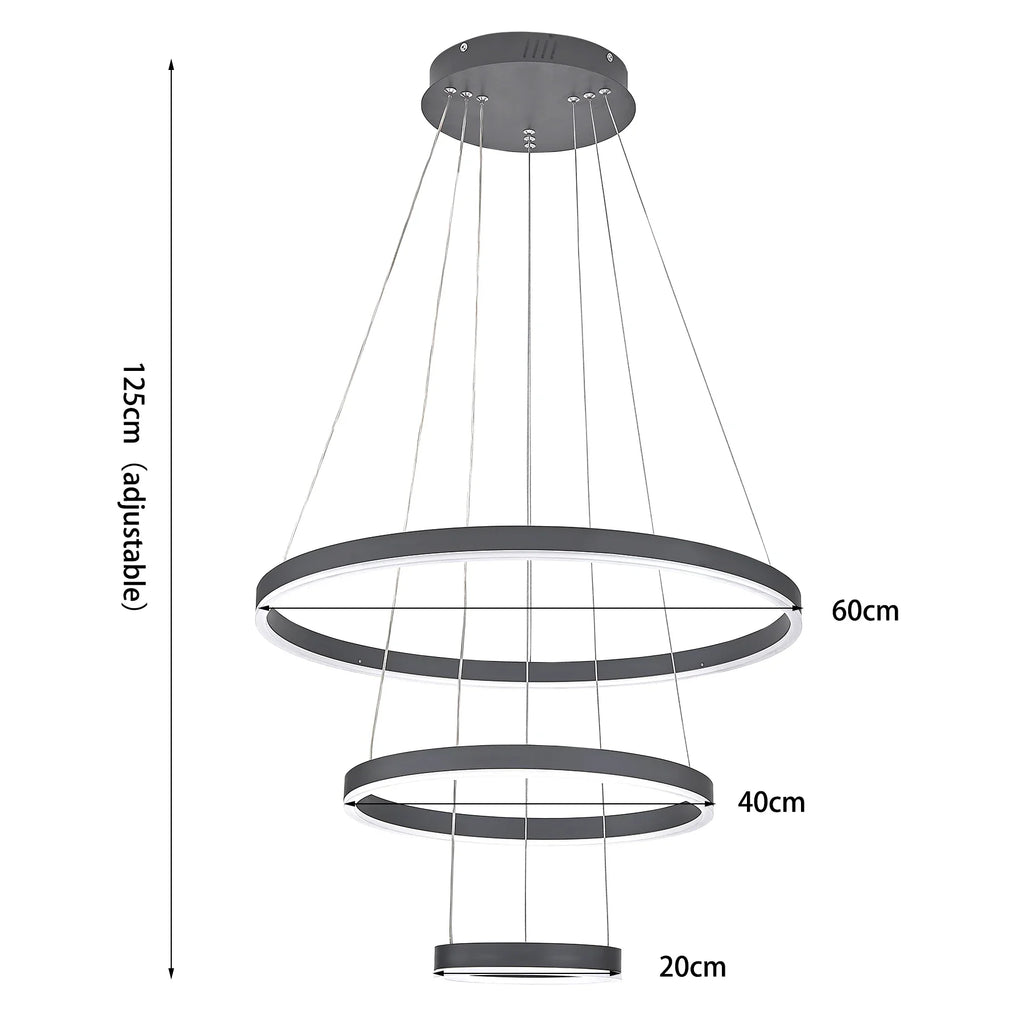 KOMORE Modern 3 Ring Aluminum Round Hanging LED Pendant Light Stepless Dimming & Cool White for Kitchen Living Room Hallway