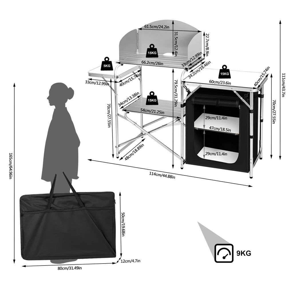 WOLTU Aluminium Foldable Camping Cabinet Travel Kitchen Cooking Storage Rack BBQ Table with Carry Bag for Outdoor  Garden Picnic