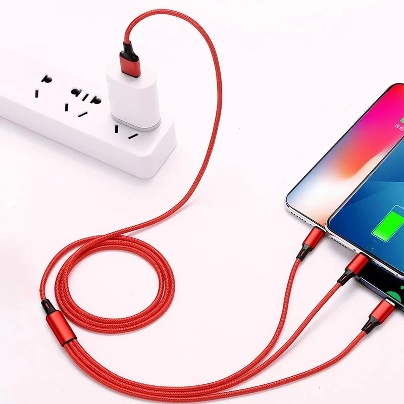 3 In 1 USB Charger Fast Charging Cable Type C Micro IOS Multi Charger Cable for iPhone Huawei Samsung Nylon Braided Cord