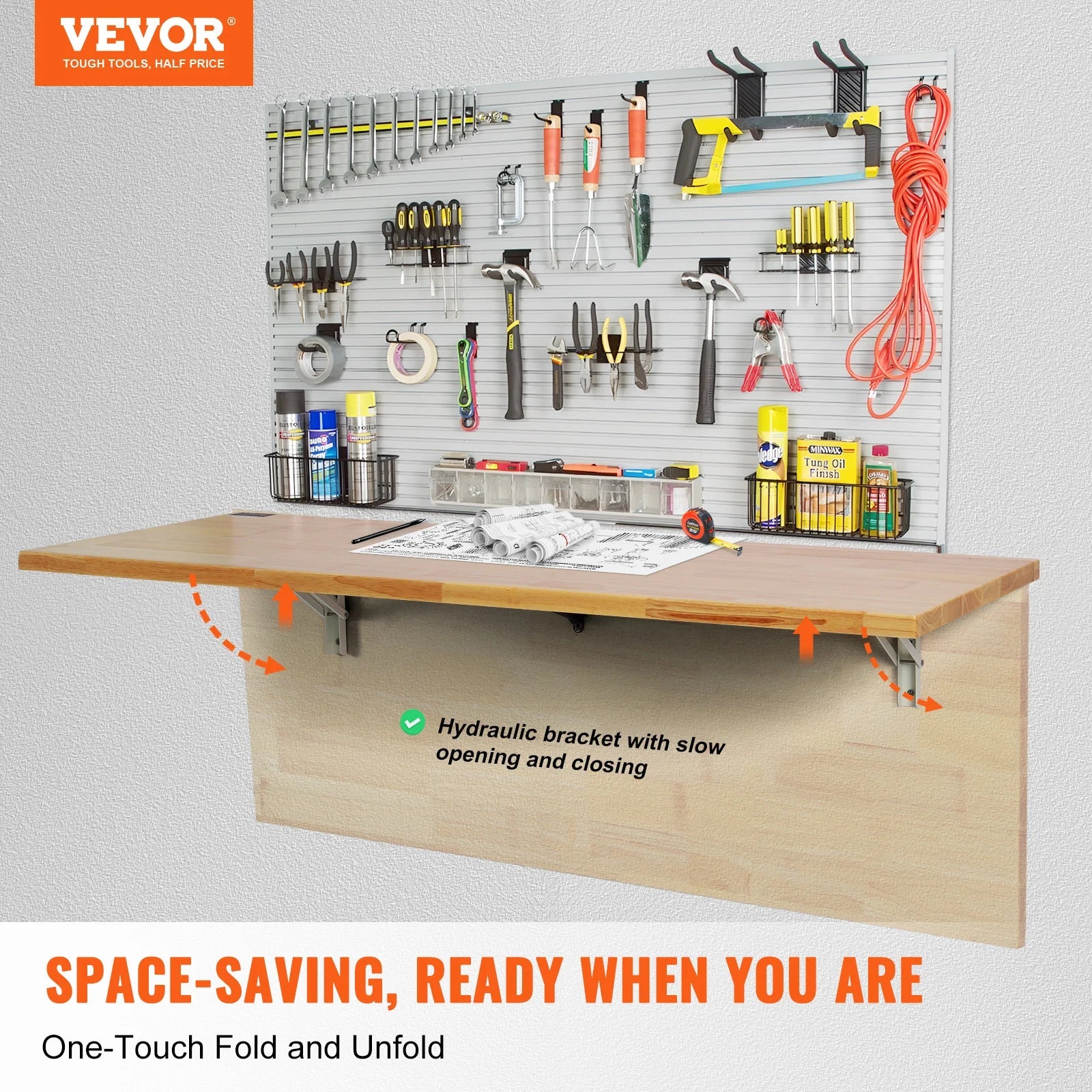 VEVOR Wall Mounted Folding Table, Wall Mount Drop Leaf Table, Wooden Floating Desk with Iron Bracket, Fold Down Desk for Spaces