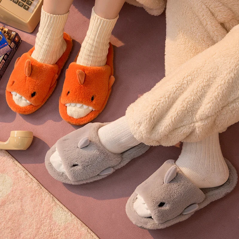 Comwarm Autumn And Winter Cartoon Shark Wool Slippers For Women Soft Home Men's Indoor Household Open Toe Plush Cotton Slippers