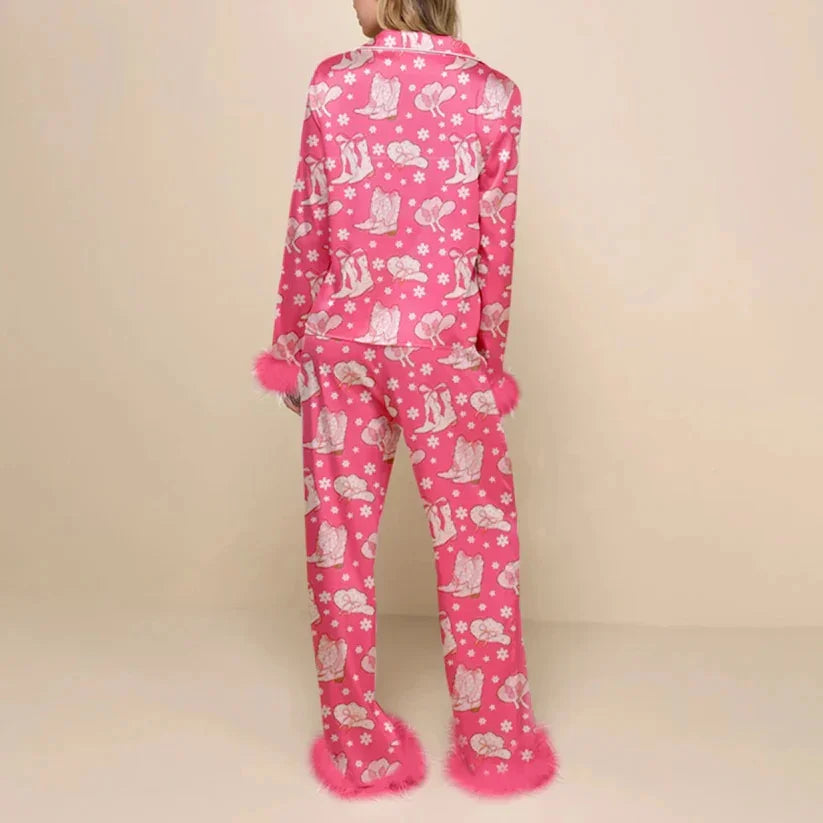 Women's Christmas Tree Plaid Satin Print Pajama Set Autumn Winter Home Sleepwear Long Sleeve Ankle-Length Pants Mid-Waist