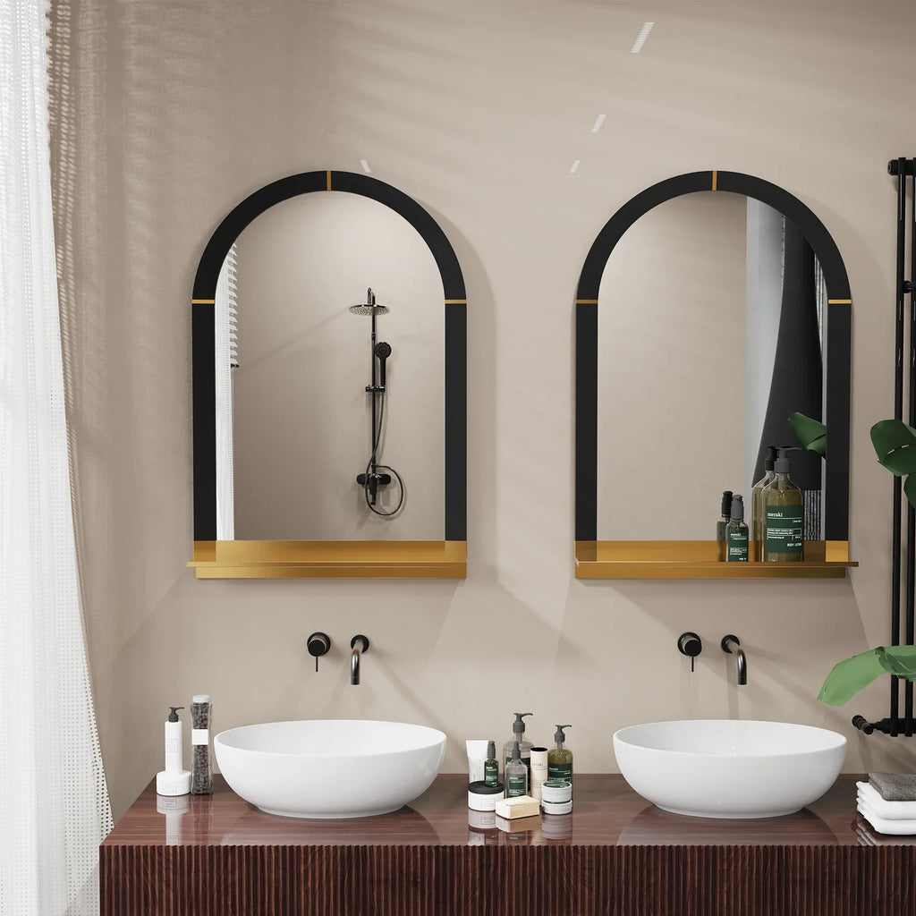 Modern Arched Wall Mirror with Shelf, Living Room, Entryway, Gold Decorative Mirror, 20x30 in