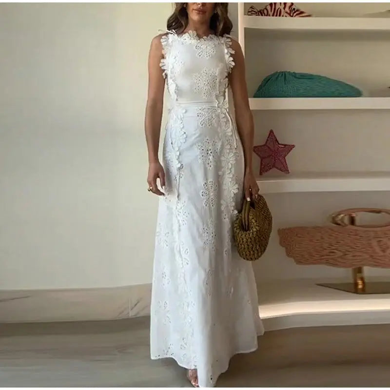 Embroidery Flower Patchwork Long Dress For Women Round Neck Sleeveless Lace Up High Waist Spliced Slim Dresses 2025 Summer New