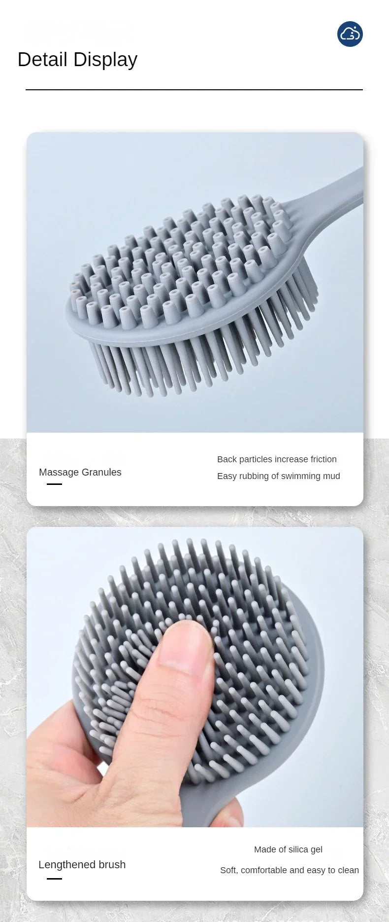 Double-Sided Silicone Back Scrubber Long Handle Long Handle Body Bath Brush Mud Back Scrubber Shower Massage Exfoliation Brush