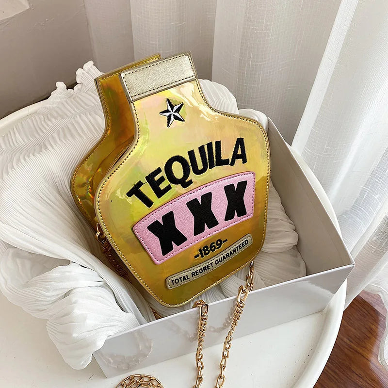 Ladies Fashion Creative Funny Personalized Laser Sequin Letter Wine Bottle Crossbody Shoulder Bag