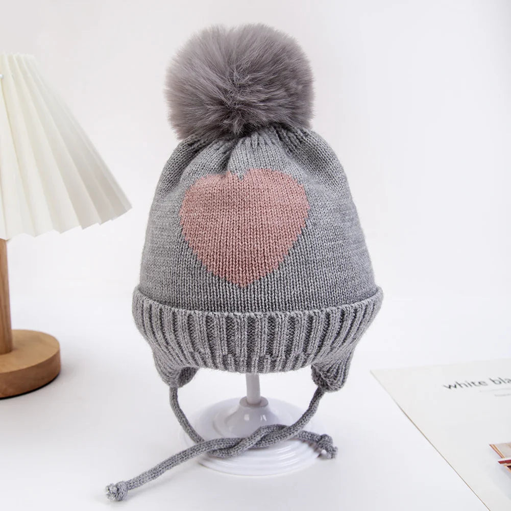 Cute Pompom Baby Turban Hats Heart Knitted Caps Boys Girls Beanies 0-3T Autumn Winter Kids Headwraps Bonnets Hair Accessories