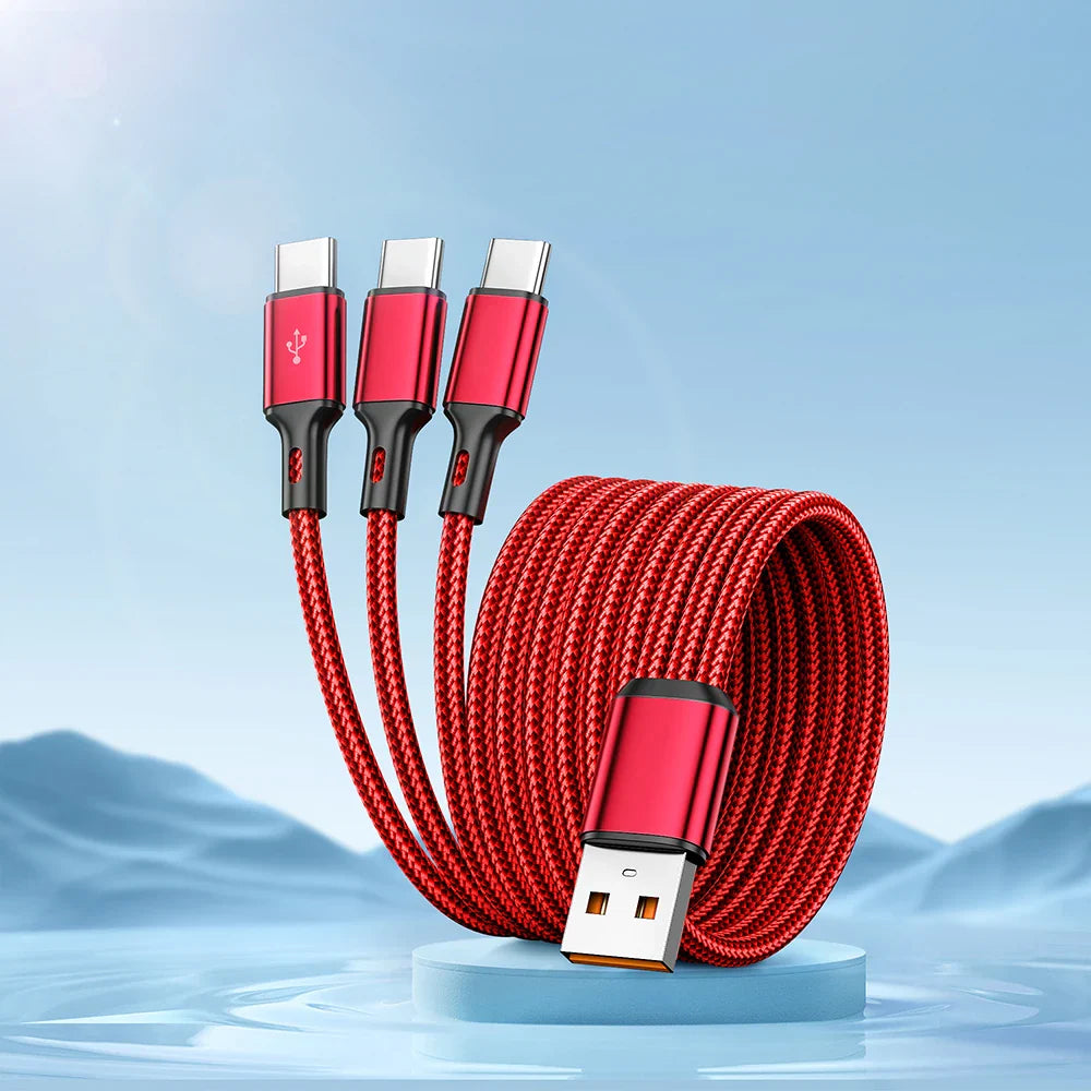 3 In 1 100W 6A USB-A to 3 ×Type-C Fast Charging Data Cable For Samsung S24 Xiaomi Huawei Android Phone USB C Data Transfer Cord