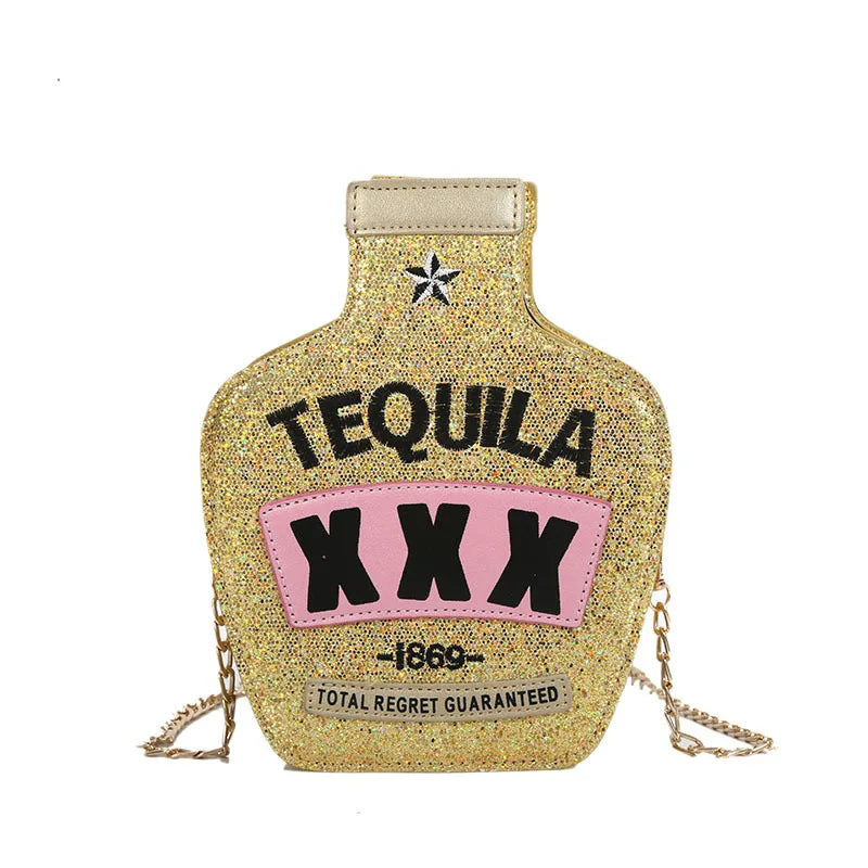 Ladies Fashion Creative Funny Personalized Laser Sequin Letter Wine Bottle Crossbody Shoulder Bag