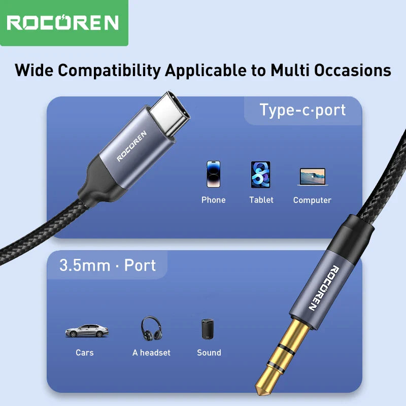Rocoren AUX Cable Type C to 3.5mm Jack Audio Plug Speaker Adapter For Huawei iPone Realme Car Headphone Computer Converter Wire