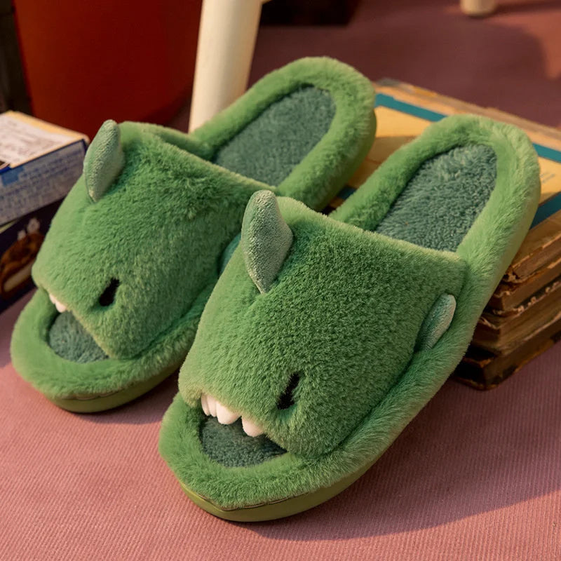 Comwarm Autumn And Winter Cartoon Shark Wool Slippers For Women Soft Home Men's Indoor Household Open Toe Plush Cotton Slippers