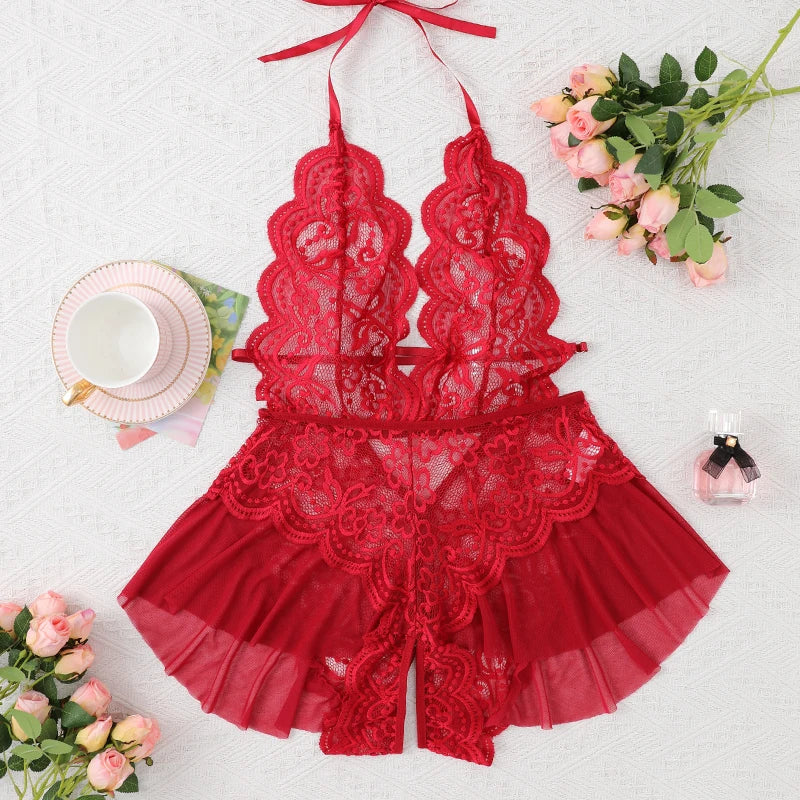 White Backless Crotchless Sexy Lingerie Hollow Bodysuit Teddy Babydoll Dress Deep V Open Erotic Costume Lace Porn Underwear Set