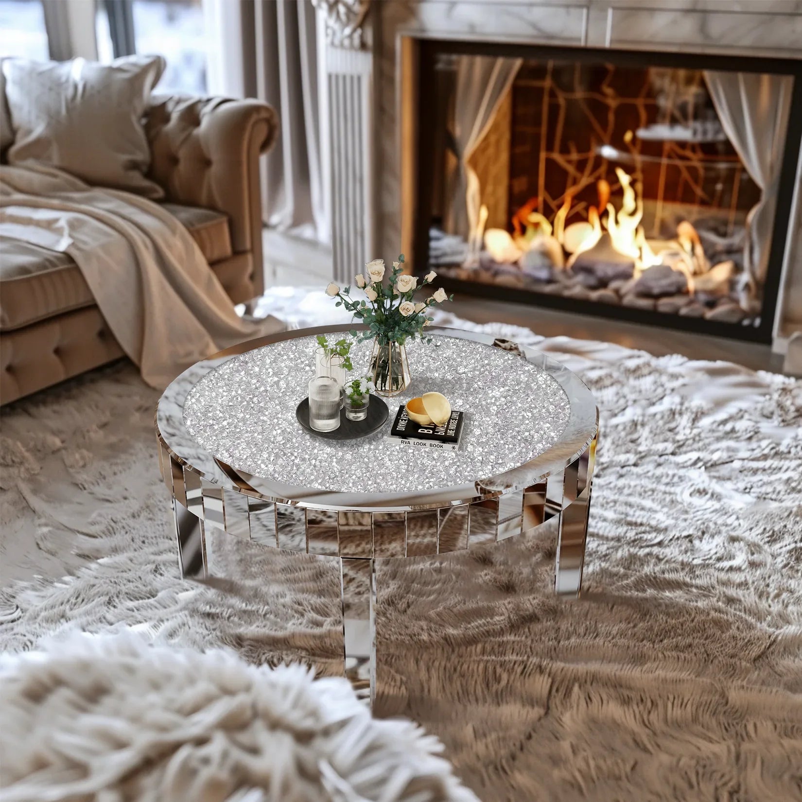FATIVO Large Round Mirrored Coffee Table Beveled Bling Crushed Diamond End Table