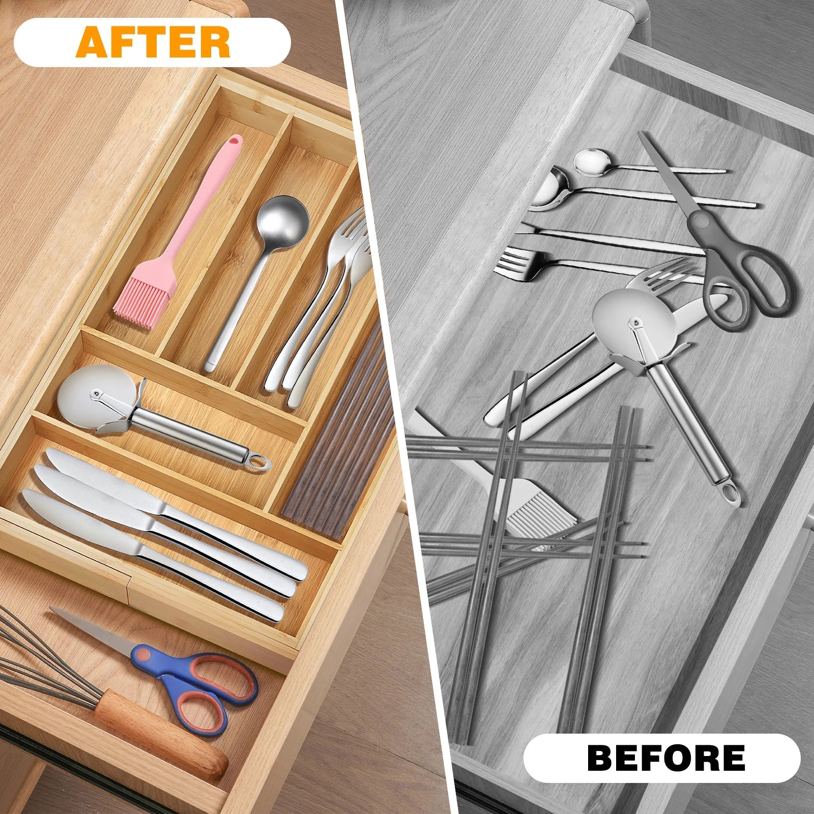 Kitchen Cutlery Drawer Organizer with 6 - 8 Compartments, Ideal Storing Knives, Forks and Other Utensils Cutlery Organizer Tray