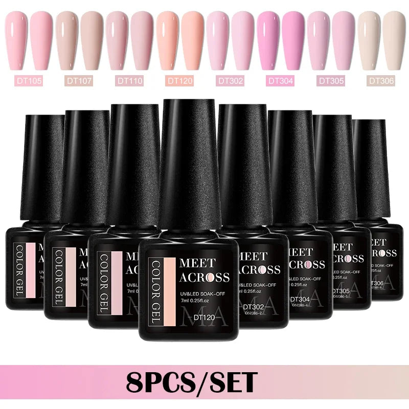 MEET ACROSS 8Pcs/Set Gel Nail Polish Set for All Season Neon Marcaron Green Red Series UV Gel Varnish Manicure Kit Nail Supplies