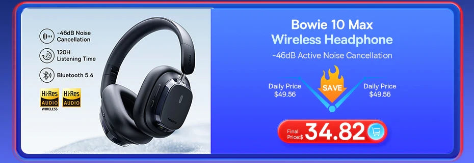 Baseus Bass 30 Max Wireless Headset Bluetooth 5.3 Over Headphones Bass-Enhancing 40mm Diaphragm Ultra Low Latency Earphones 50H