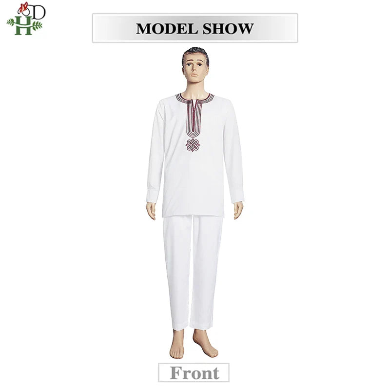H&D Embroidered Dashiki Agbada Men African Traditional Clothes Ankara Outfit Cover Shirt Pants 3 PCS Suit Muslim Sets