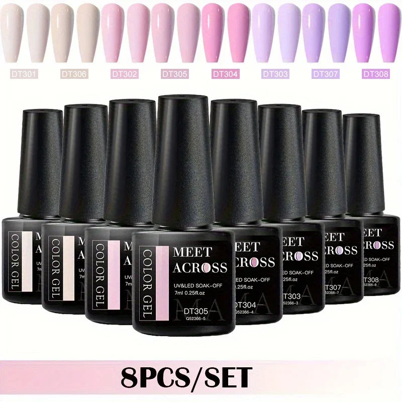 MEET ACROSS 8Pcs/Set Gel Nail Polish Set for All Season Neon Marcaron Green Red Series UV Gel Varnish Manicure Kit Nail Supplies