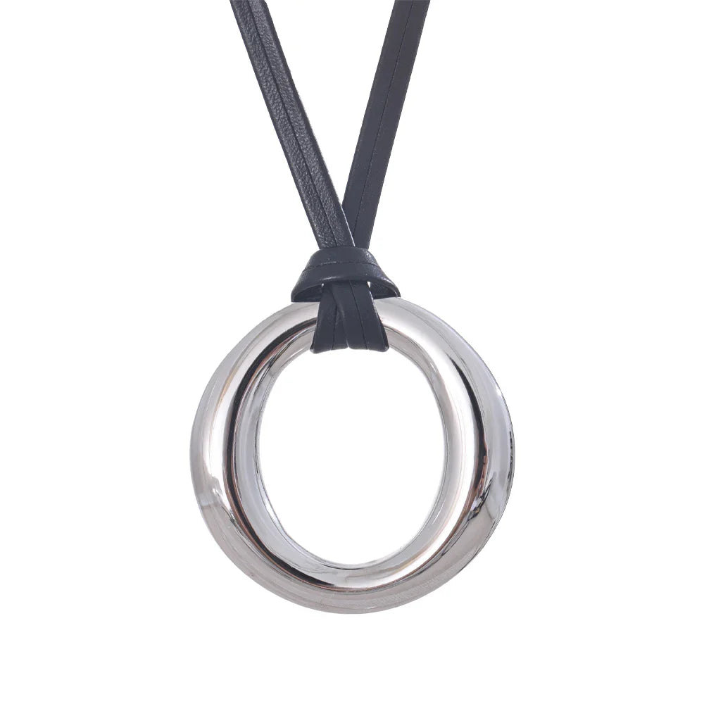Yhpup Long PU Leather Stainless Steel Round Pendant Fashion Bib Necklace Minimalist Tarnish Free for Women Stylish Trend Jewelry